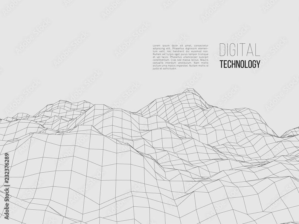 Fototapeta Wireframe polygonal landscape. Digital 3d terrain. Vector illustration.
