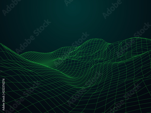 Wireframe polygonal landscape. Digital 3d terrain. Vector illustration.
