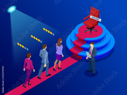 Isometric Office chair with vacancy sign isolated on blue background. Employment, vacancy and hiring job vector concept.