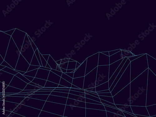 Digital landscape. Abstract vector wireframe background. 3d technology illustration for presentations and polygraphy products