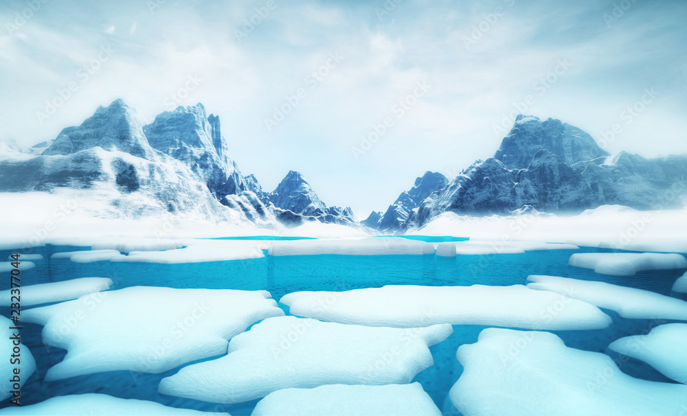 cracked ice floe pieces with big mountains behind background template, global warming and environmental conditions 3D illustration render cracked ice floe pieces with big mountains behind background template, global warming and environmental conditions 3D illustration render