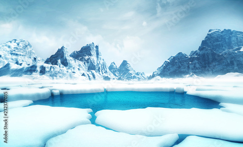 cracked ice floe pieces with big mountains behind background, global warming and environmental conditions 3D illustration render photo