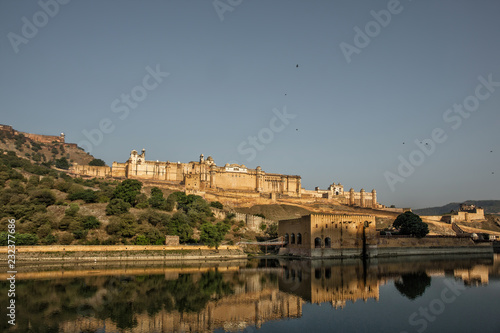 India Jaipur Amber fort in Rajasthan. Ancient indian palace architecture, panoramic view