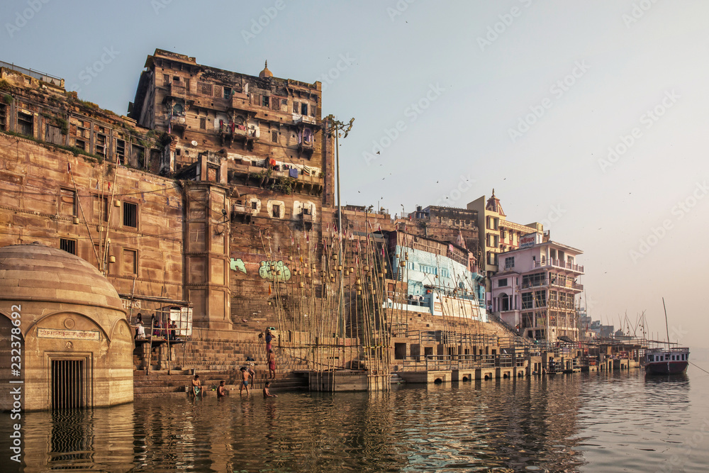 Varanasi, Uttar Pradesh, India. A view from River Ganges of Old Historical Varanasi city