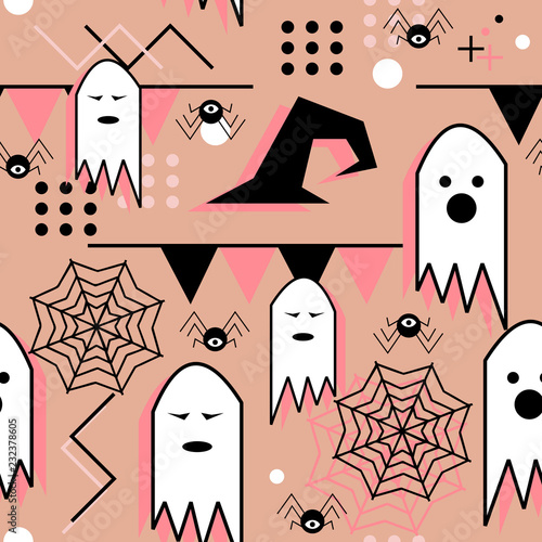 Cute halloween pattern with ghost and spider web. Geometric style of memphis with pinky colors. Vector illustration for print and baby fashion.