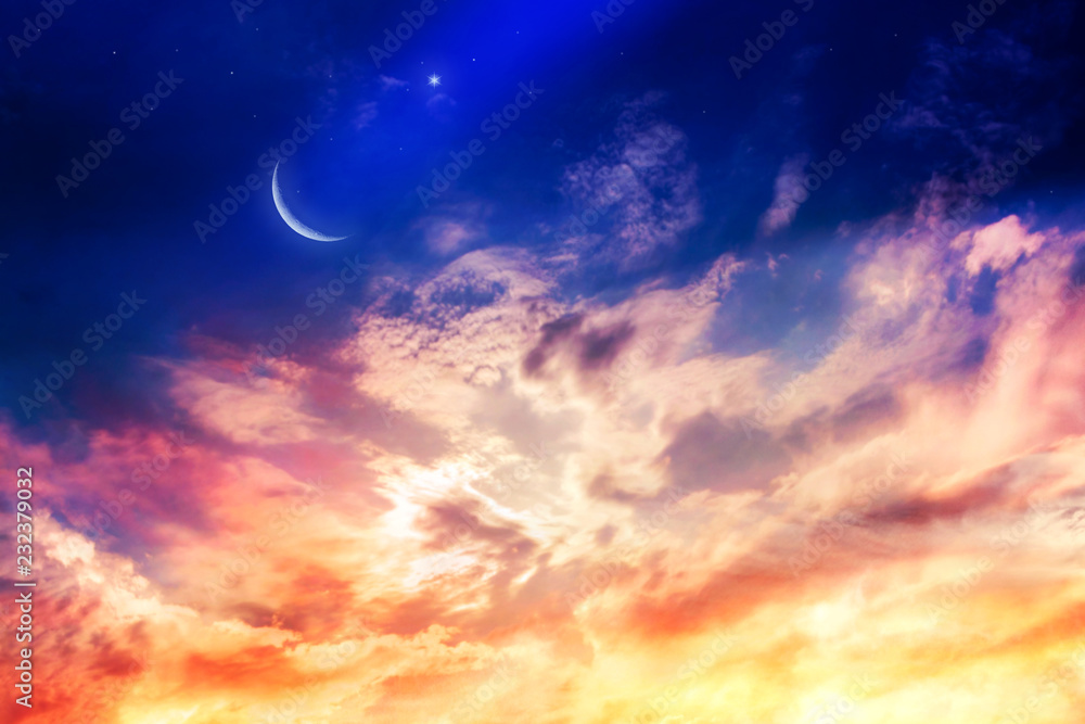 Dramatic nature background . new moon . Prayer time . Generous Ramadan . Mubarak background . Glowing sunset . Sunset or sunrise with clouds . The sky at night with stars. Dramatic nature background . new moon . Prayer time . Generous Ramadan . Mubarak background . Glowing sunset . Sunset or sunrise with clouds . The sky at night with stars.