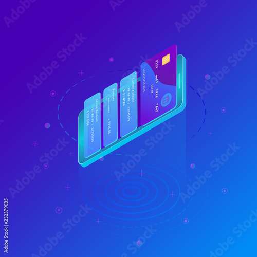 Virtual credit card pay online. Isometric smart phone and internet banking. E-commerce payment security transaction via prepaid card. Marketing concept. Money transfer via mobile application. Vector