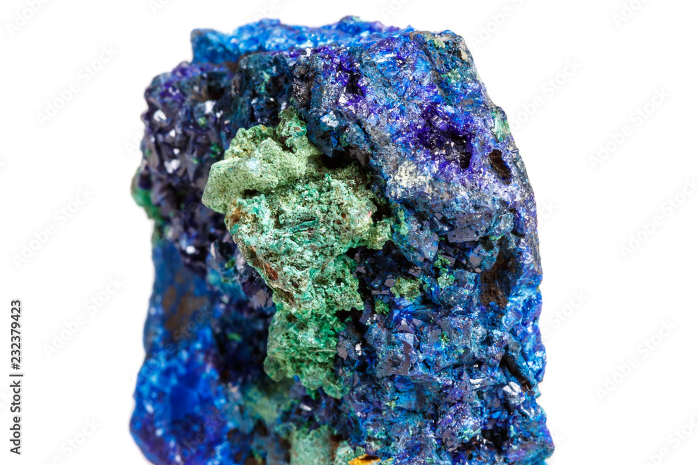 Macro mineral stone malachite with azurite on white background Macro mineral stone malachite with azurite on white background