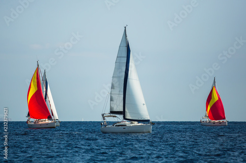 Greece sailing yacht boat at the Sea. Luxury cruise yachting. Yachts regatta in Aegean.