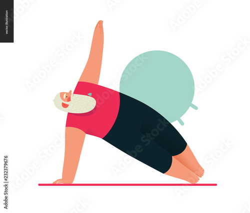 Sporting Santa - yoga - modern flat vector concept illustration of cheerful Santa Claus standing in side plank yoga pose in the gym, wearing red yoga suit, xmas fitness activity