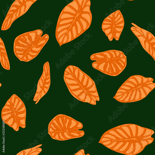 Seamless Tropical Background. Vector Leaves of Alocasia or Philodendron in Watercolor Style. Foliage of Jungle Plants. Exotic Seamless Pattern for Textile, Cloth Design, Fabric, Decor, Wrapping, Tile.