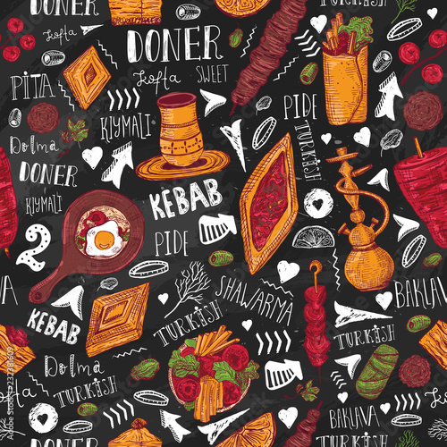 Modern sketch Turkish food seamless pattern with lettering and beverages with Kebab, Dolma, Shakshuka, shisha. Freehand vector doodles isolated on dark background