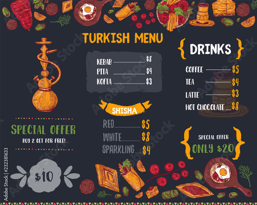 Modern sketch Turkish food menu with Kebab, Dolma, Shakshuka, shisha. Freehand vector doodles isolated on dark background