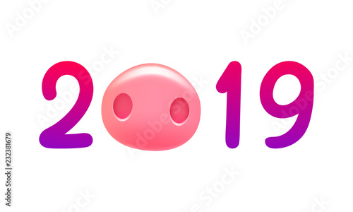 2019 New Year greeting card design. Year of the pig concept with cartoon realistic pig snout. Vector illustration.