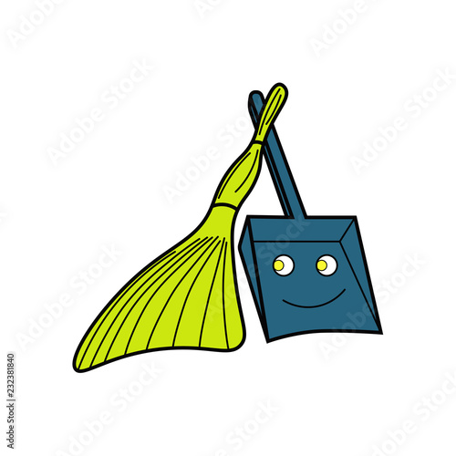 Broom and scoop for garbage collection. Close-up. Isolated. Vector illustration.
