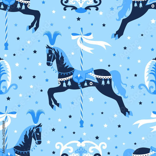 Blue carousel horse seamless pattern.
