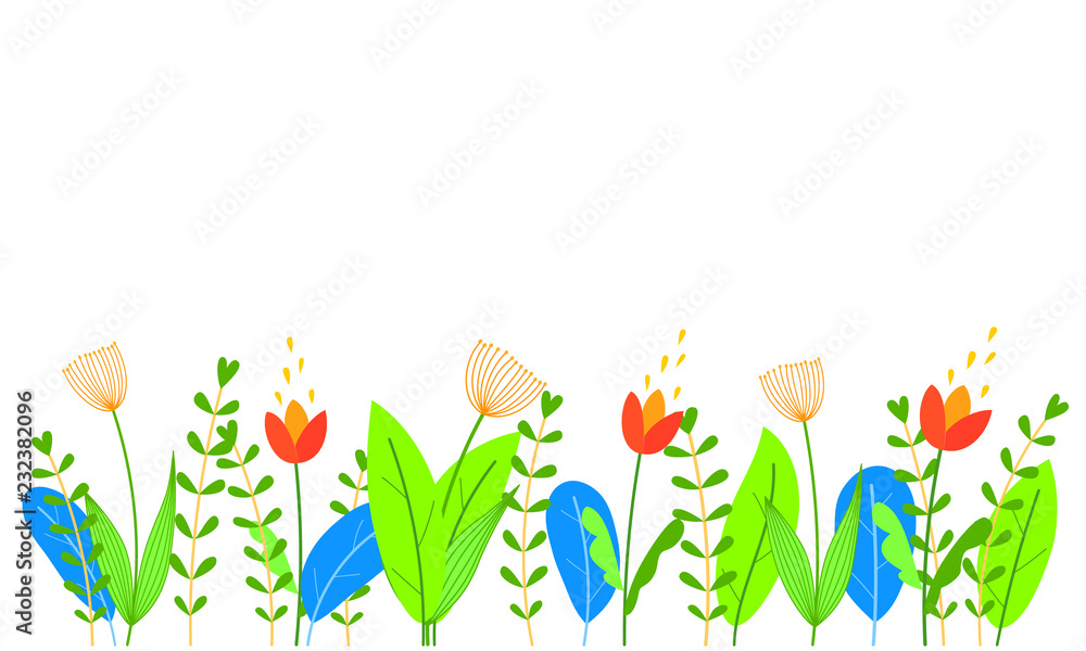 Cute flowers, leaves and grass in flat style.