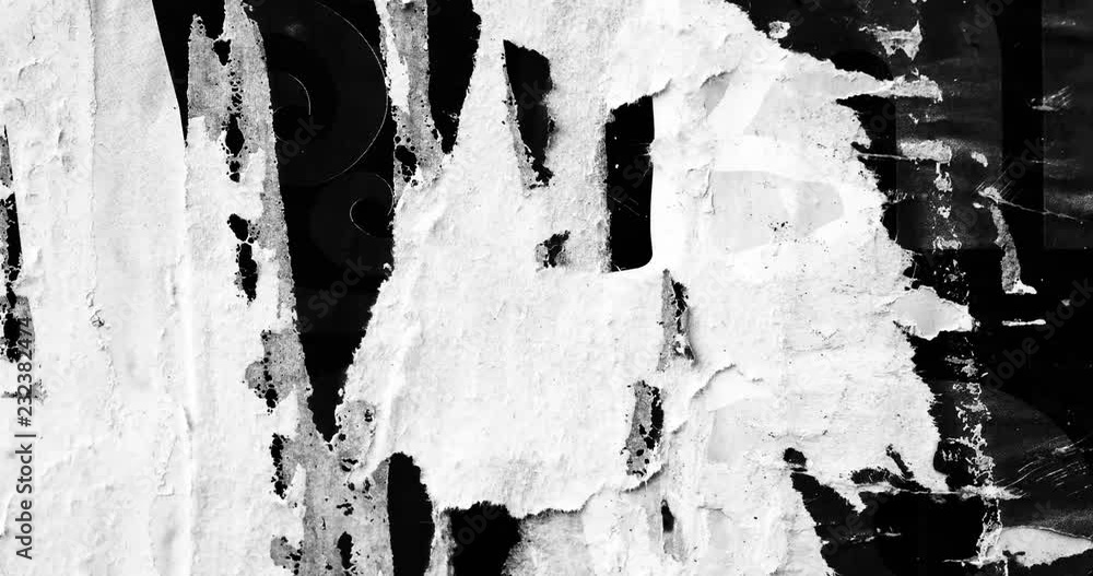 Old ripped torn posters black and white abstract grunge texture wall  backdrop placard / Seamless collage paper slideshow background 