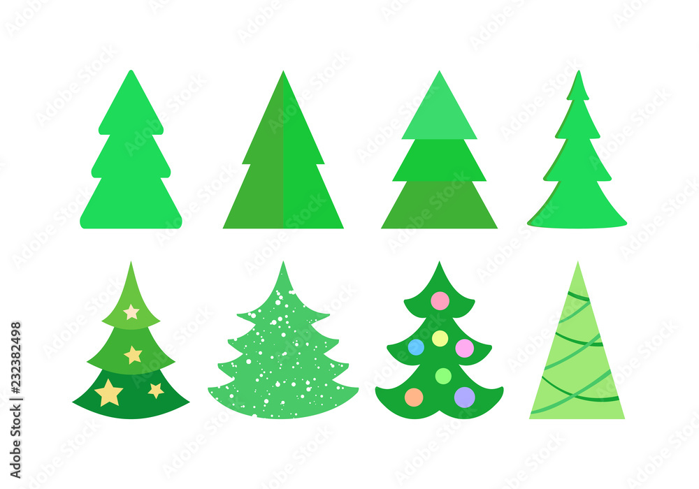 Christmas tree set in flat cartoon style. Craft fir tree collection. Vector illustration.