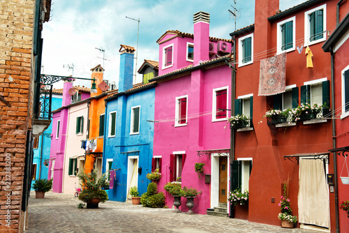 Beautiful street with multicolored houses, Burano island, Venice, Italy © pavkis