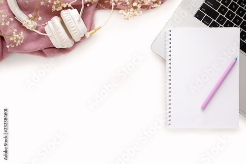 Fashion female pink accessories Set. laptop, headphones and notebook
