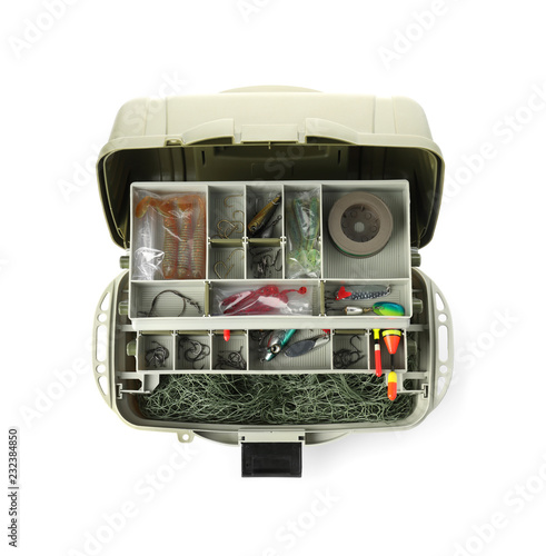 Fotografie Box with fishing tackle on white background, top view