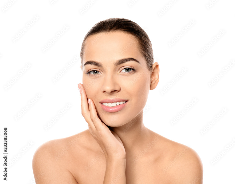 Portrait of beautiful young woman on white background. Lips contouring, skin care and cosmetic surgery concept