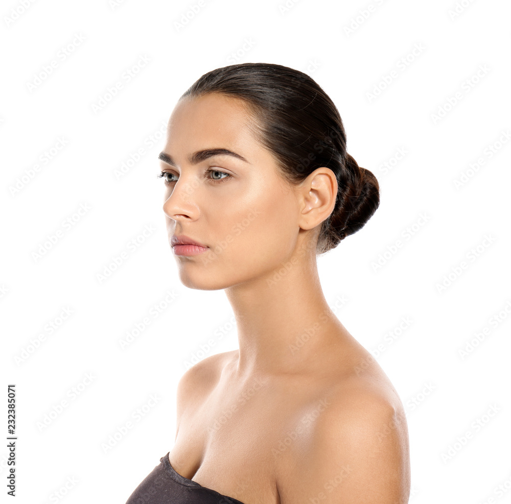 Portrait of beautiful young woman on white background. Lips contouring, skin care and cosmetic surgery concept Portrait of beautiful young woman on white background. Lips contouring, skin care and cosmetic surgery concept