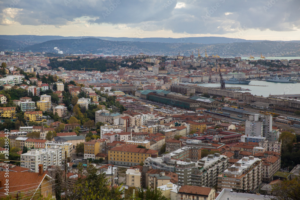 Panoramic view of the Trieste city from top hill. Trieste. Italy