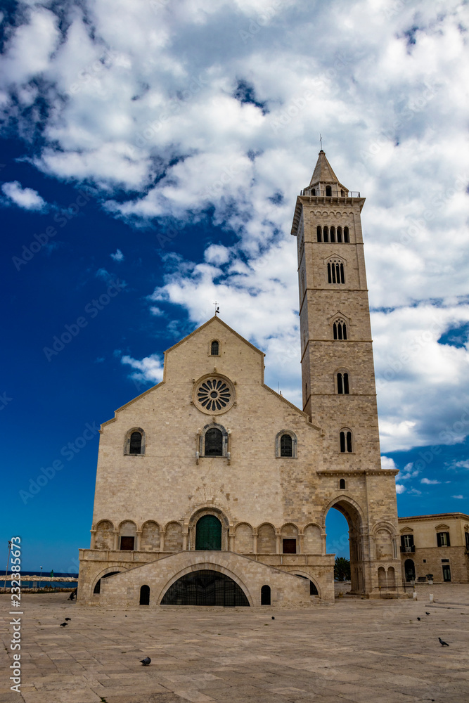 The beautiful Romanesque Cathedral Basilica of San Nicola Pellegrino, in Trani. Construction in limestone tuff stone, pink and white. A pointed arch under the bell tower. Italy, Puglia, Bari, Barletta