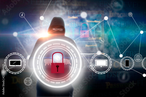 Hacker stealing information. Computer hacking concept. Network security. Computer crimen. Danger of hack attack