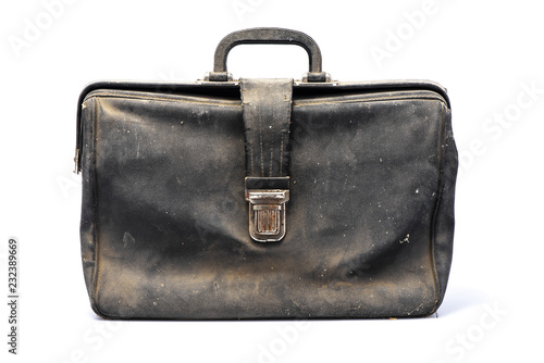 Leather retro briefcase, view in front, black color, flapover, isolated on white background with shadow