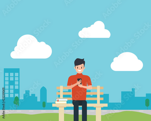 People with mobile chat in the park. Communicaton flat vector background.