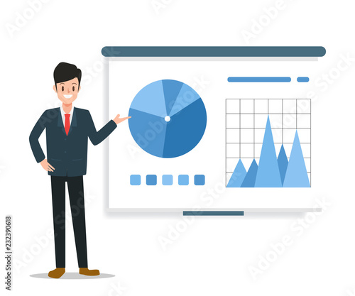 Businessman presenting marketing data on the presentation screen board in the meeting room. lecture character people.