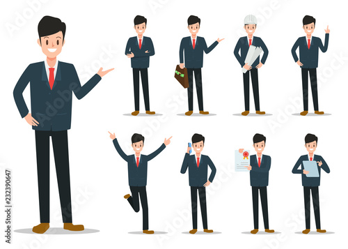 Businessman working character set vector design. Cartoon animated character.