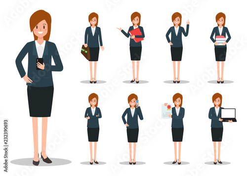 Businesswoman working character set vector design. Cartoon animated character.