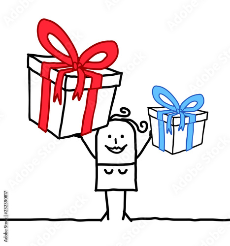Cartoon Smiling Woman with two Big Gifts