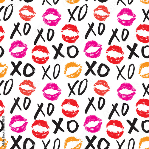 XOXO brush lettering signs seamless pattern, Grunge calligraphic hugs and kisses Phrase, Internet slang abbreviation XOXO symbols, vector illustration isolated on white background