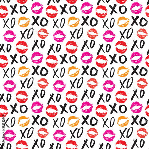 XOXO brush lettering signs seamless pattern, Grunge calligraphic hugs and kisses Phrase, Internet slang abbreviation XOXO symbols, vector illustration isolated on white background