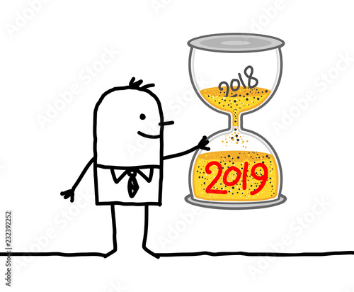 Cartoon Man with Big Hourglass and 2019 Time
