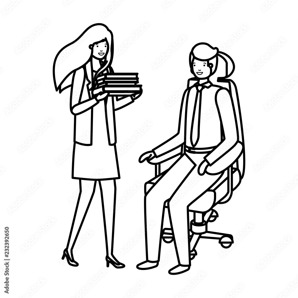 man sitting in office chair and woman with book man sitting in office chair and woman with book