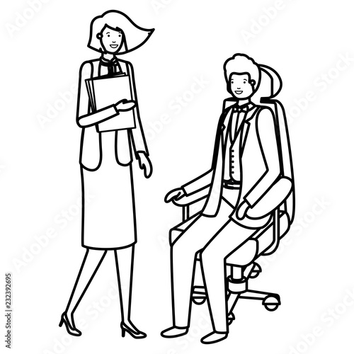 man sitting in office chair and woman with book