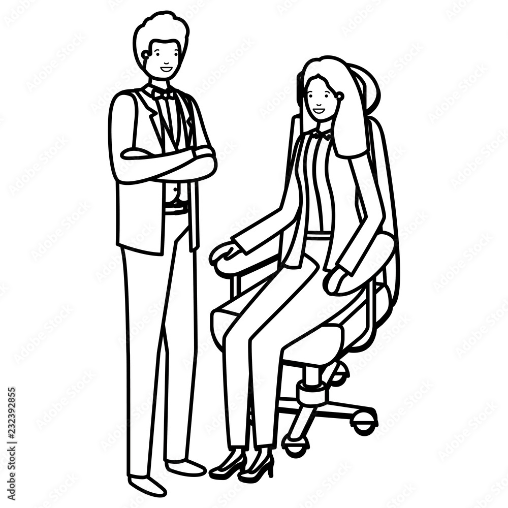 woman sitting in office chair and man standing