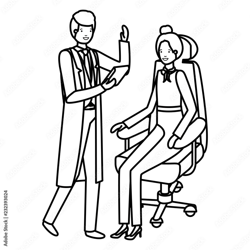 woman sitting in office chair and man with tablet