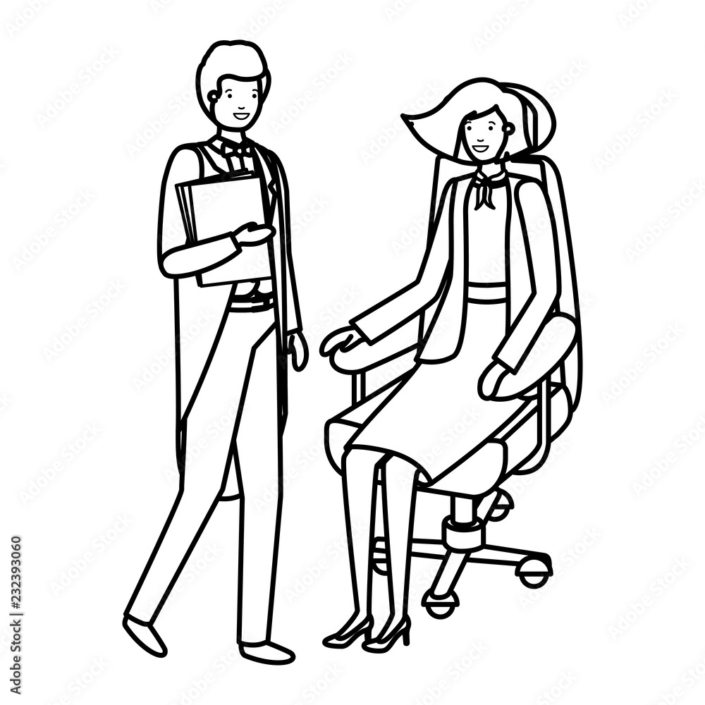 woman sitting in office chair and man with book woman sitting in office chair and man with book