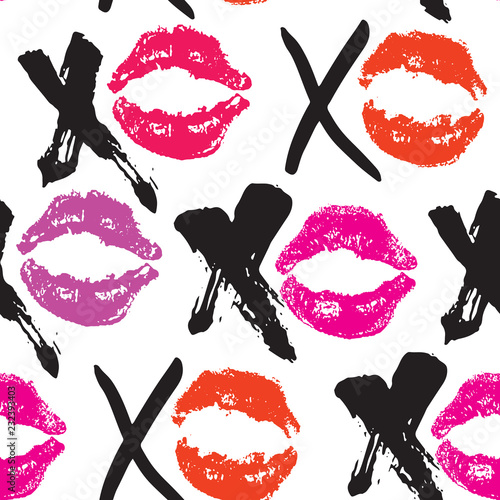XOXO brush lettering signs seamless pattern, Grunge calligraphic hugs and kisses Phrase, Internet slang abbreviation XOXO symbols, vector illustration isolated on white background