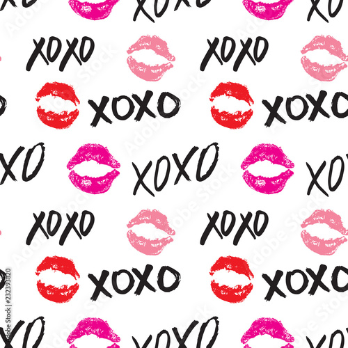XOXO brush lettering signs seamless pattern, Grunge calligraphic hugs and kisses Phrase, Internet slang abbreviation XOXO symbols, vector illustration isolated on white background