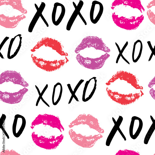 XOXO brush lettering signs seamless pattern, Grunge calligraphic hugs and kisses Phrase, Internet slang abbreviation XOXO symbols, vector illustration isolated on white background