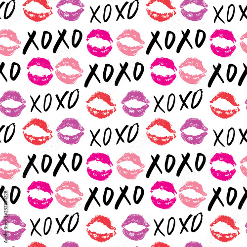 XOXO brush lettering signs seamless pattern  Grunge calligraphic hugs and kisses Phrase  Internet slang abbreviation XOXO symbols  vector illustration isolated on white background