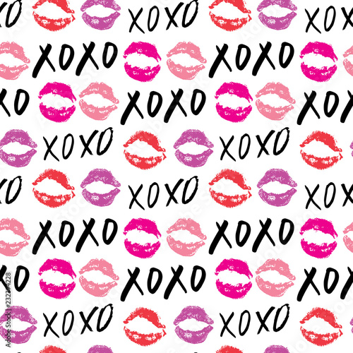 XOXO brush lettering signs seamless pattern, Grunge calligraphic hugs and kisses Phrase, Internet slang abbreviation XOXO symbols, vector illustration isolated on white background